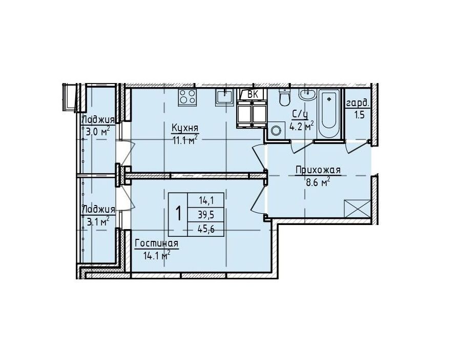 Планировка: 1-комн. квартира 45.60 м² в новостройке Пустовский