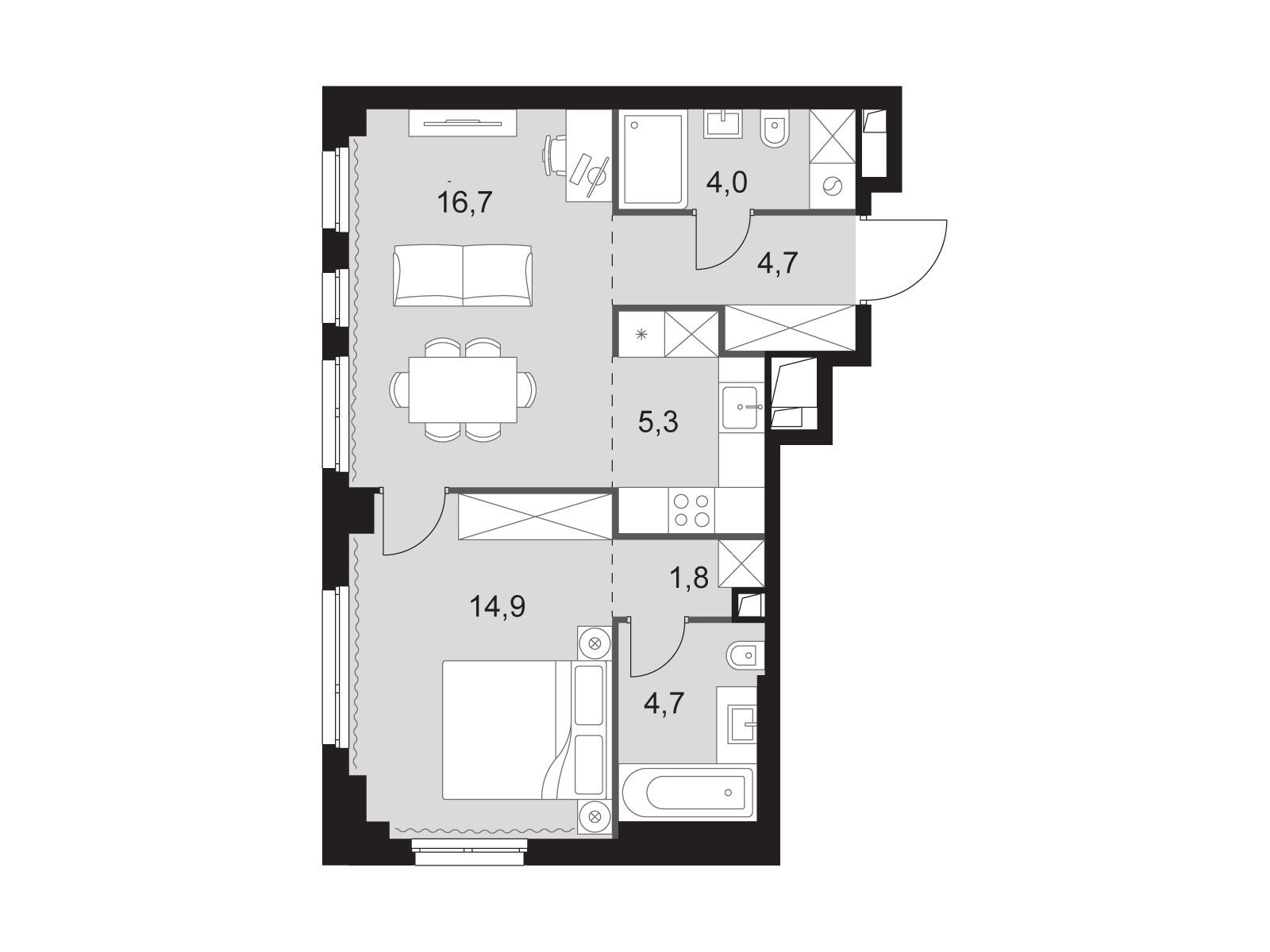 Планировка: 2-комн. квартира 52.10 м² в новостройке Сидней Сити