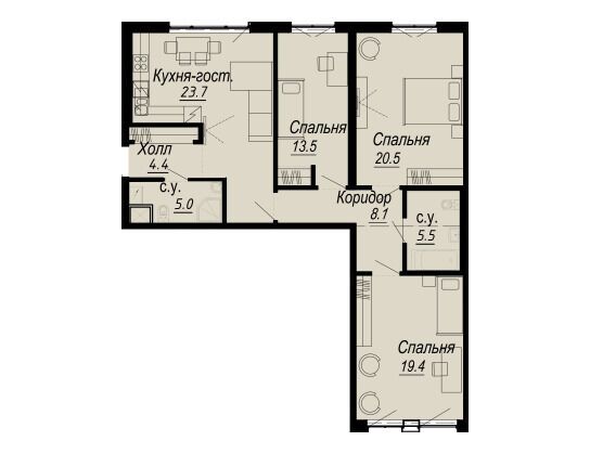 Планировка: 3-комн. квартира 102.00 м² в новостройке Мельцер Холл