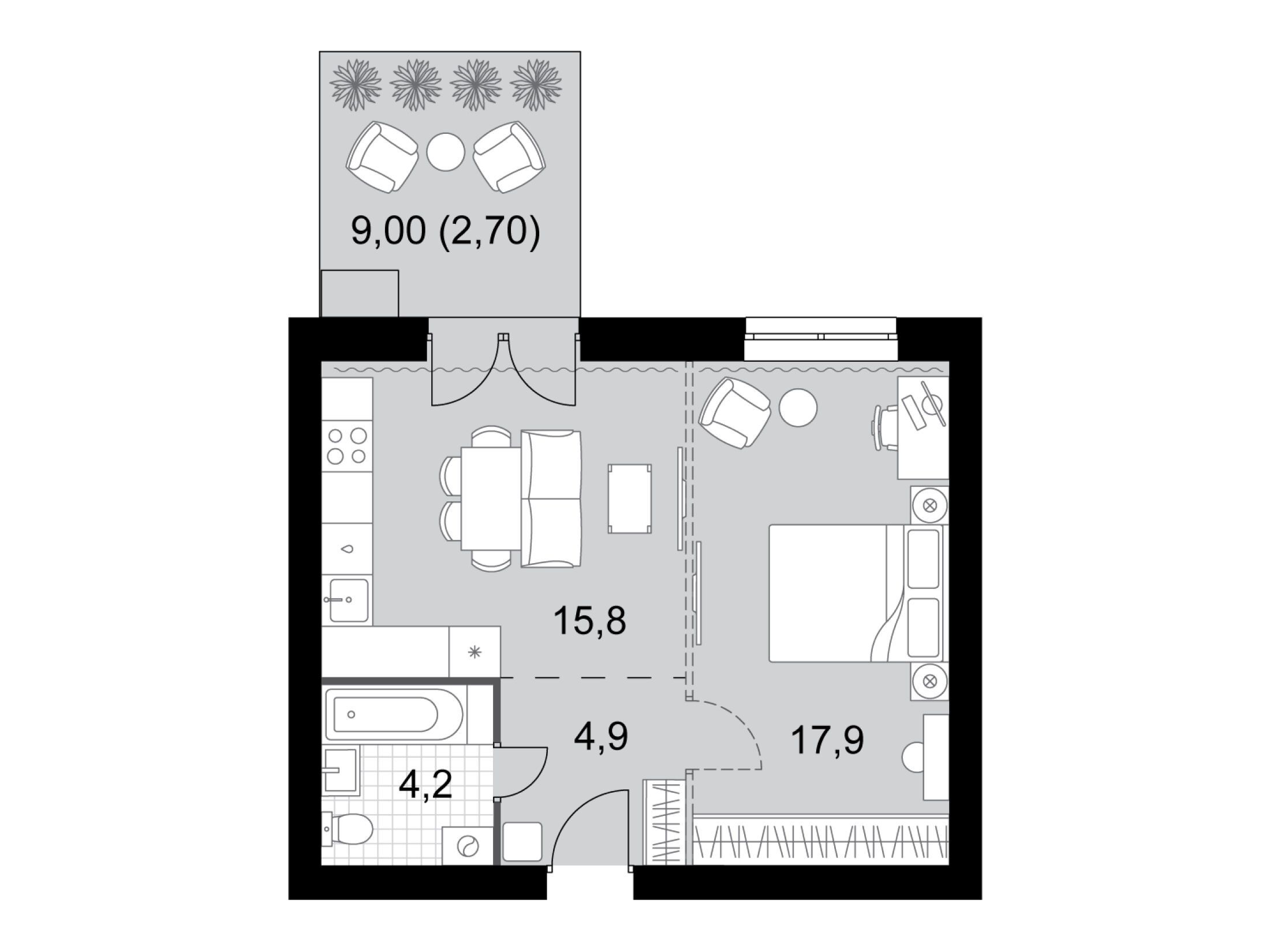 Планировка: 1-комн. квартира 45.50 м² в новостройке Дубровицы клаб