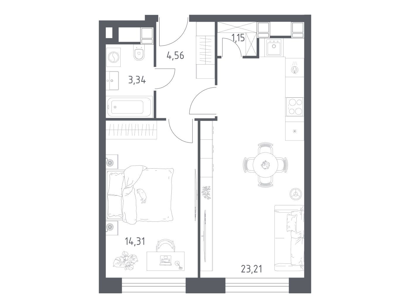 Планировка: 1-комн. квартира 46.57 м² в новостройке Пятницкое 58