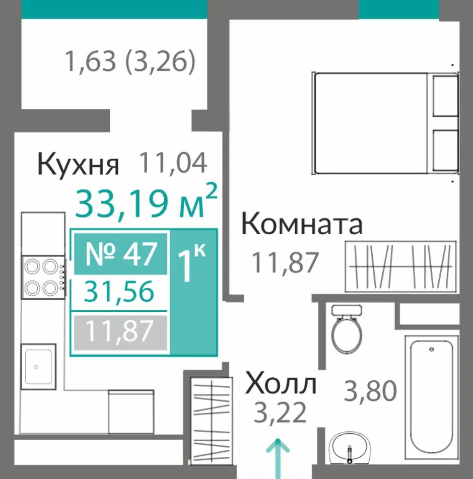 Планировка: 1-комн. квартира 31.56 м² в новостройке Горизонты-2