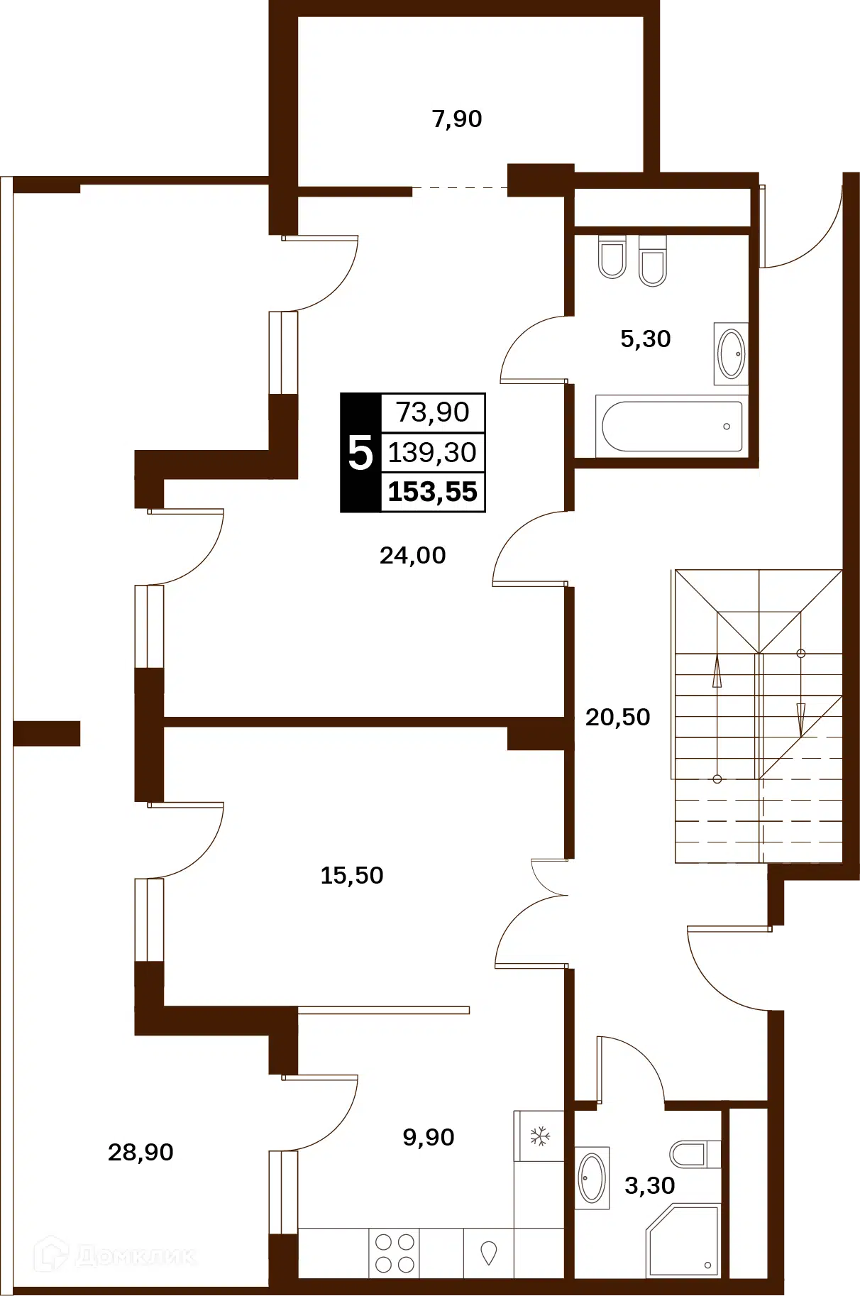 Планировка: 5-комн. квартира 153.55 м² в новостройке Аксис Патриот