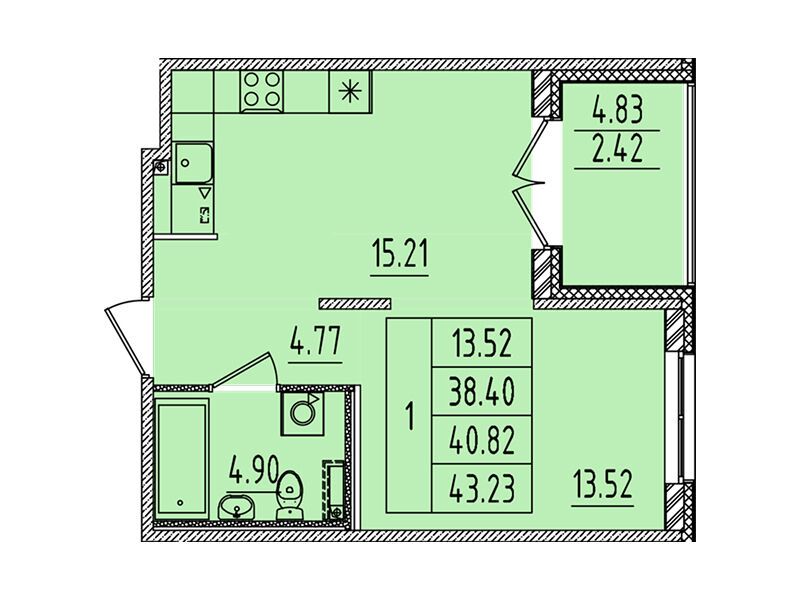 Планировка: 1-комн. квартира 38.40 м² в новостройке Образцовый квартал 14