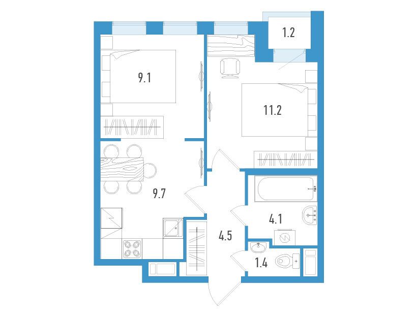 Планировка: 2-комн. квартира 40.60 м² в новостройке Аэросити Клаб