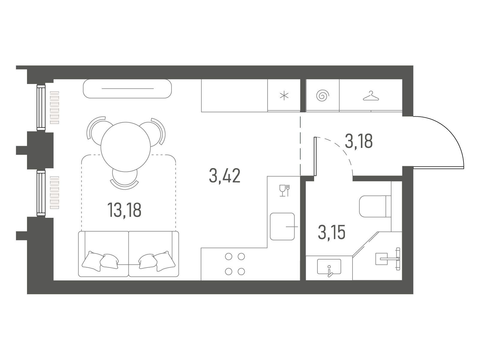 Планировка: Студия 22.93 м² в новостройке Индиво