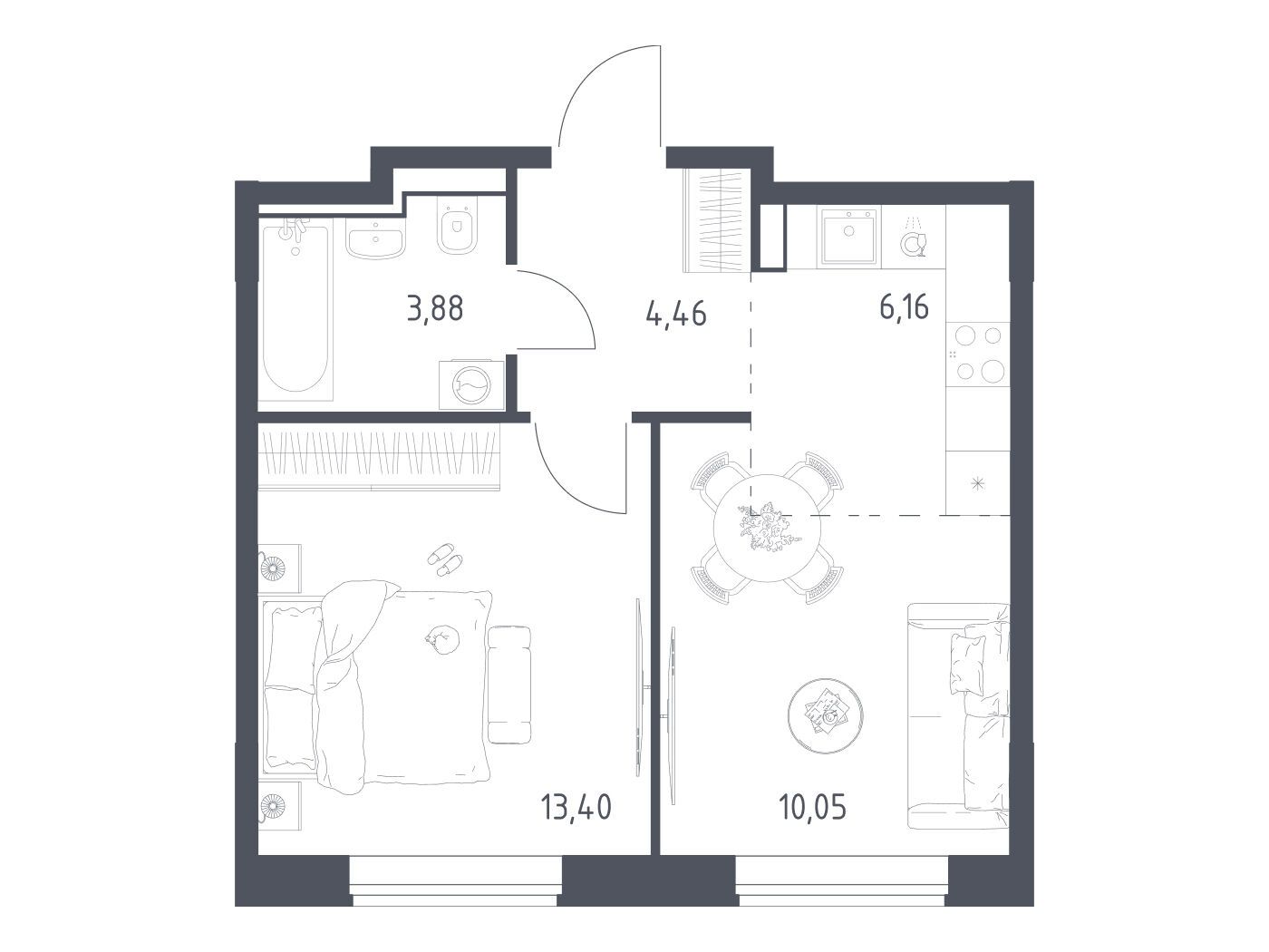 Планировка: 1-комнатная квартира 37.95 м² в новостройке ЖК Квартал Домашний