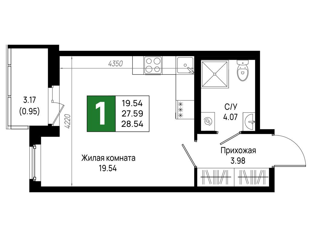 Планировка: 1-комн. квартира 28.54 м² в новостройке Имена