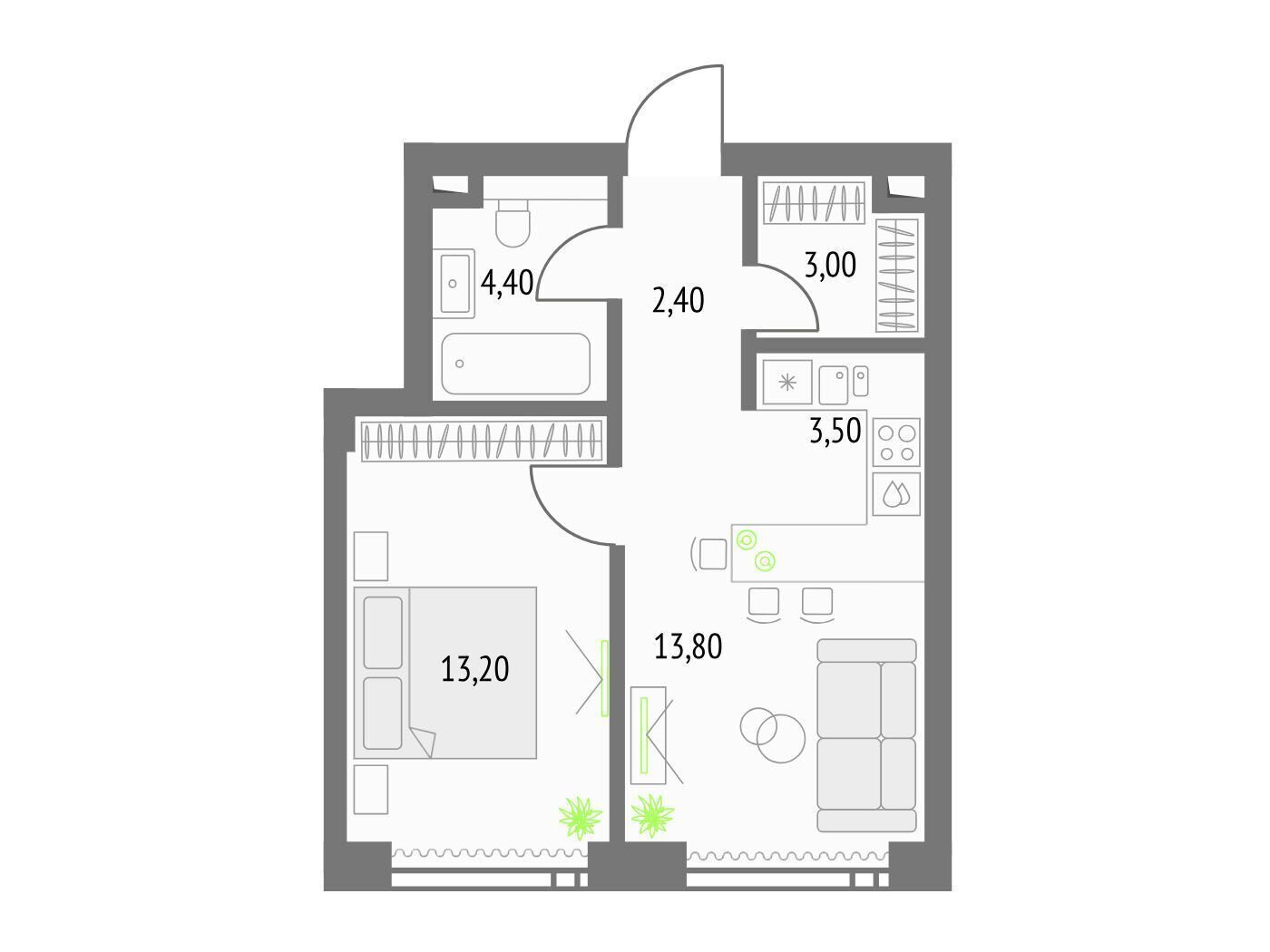 Планировка: 1-комн. квартира 42.00 м² в новостройке Апсайд Тауерс