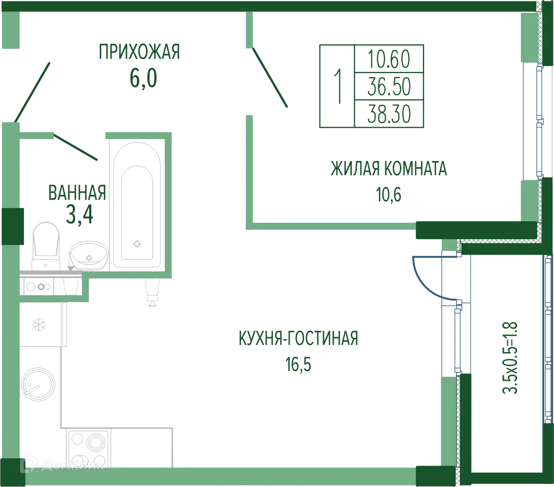 Планировка: 1-комн. квартира 39.30 м² в новостройке Екатерининский парк