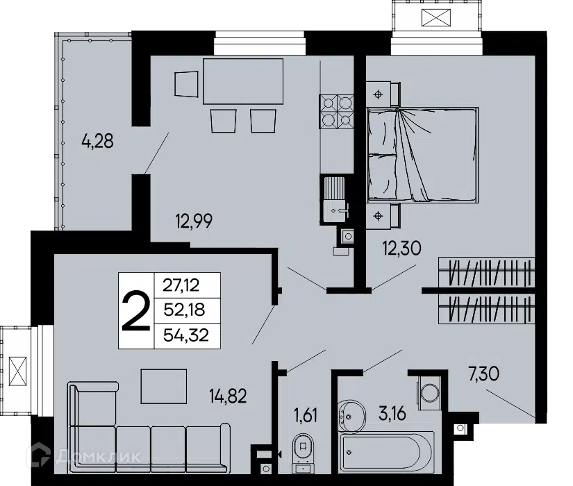 Планировка: 2-комн. квартира 54.32 м² в новостройке ЖК Эпос