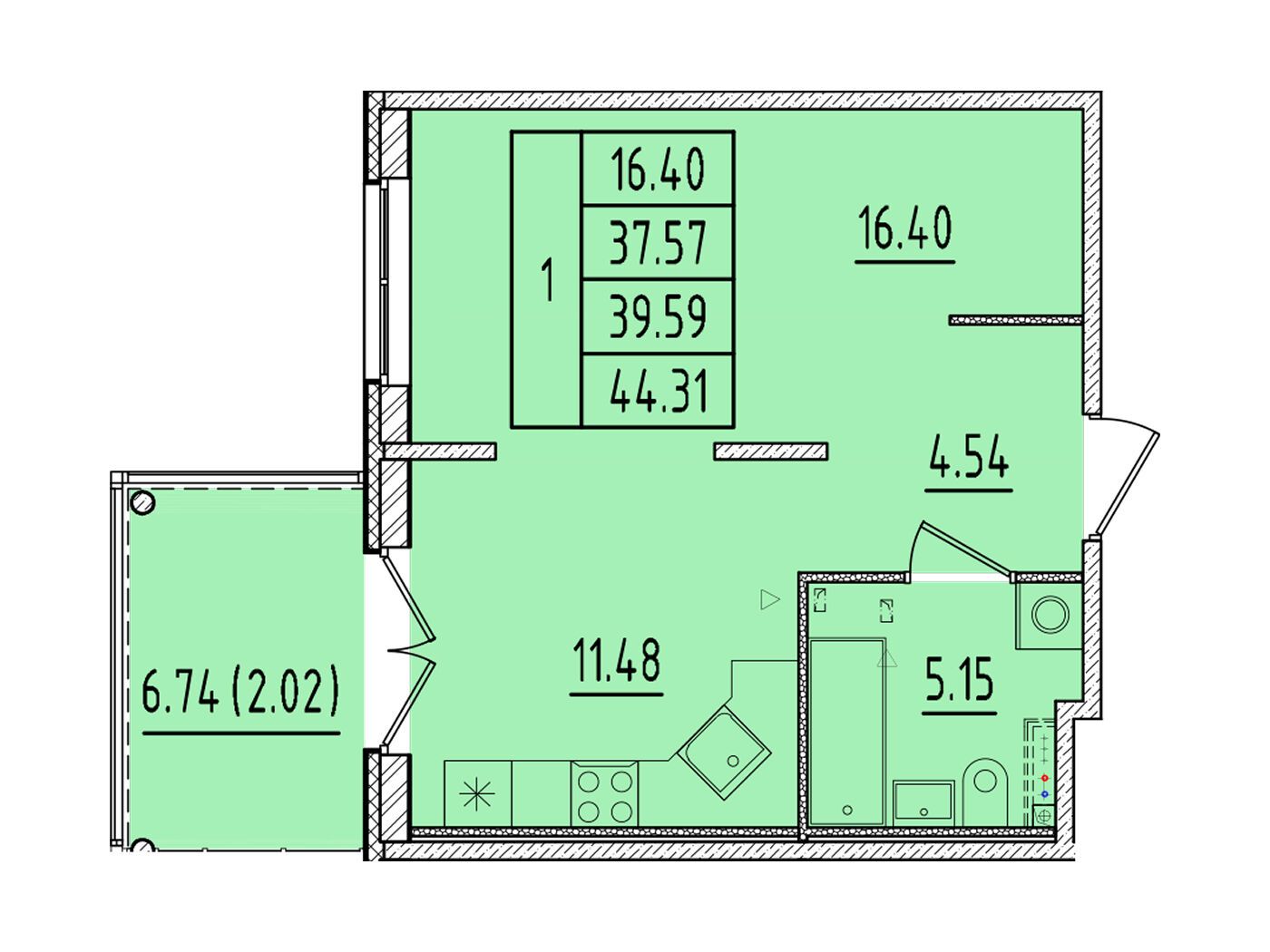 Планировка: 1-комн. квартира 37.57 м² в новостройке Образцовый квартал 17
