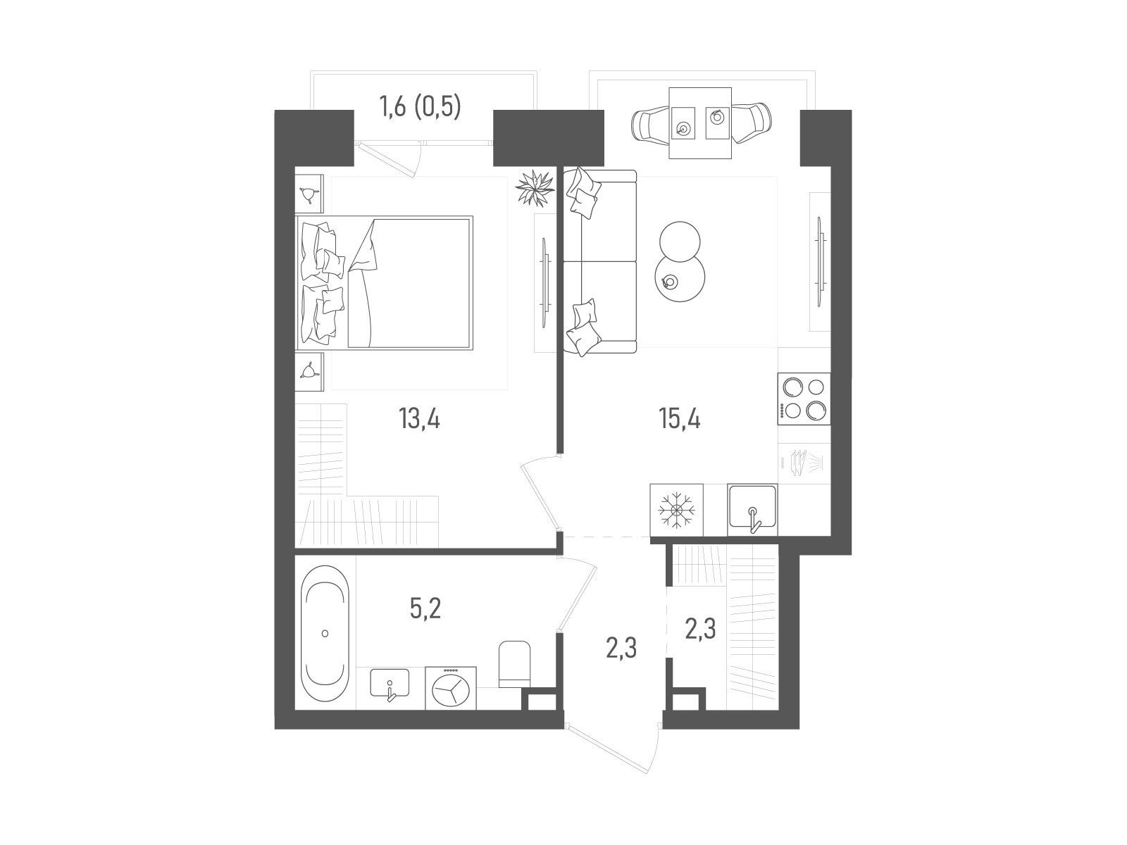 Планировка: 1-комн. квартира 39.10 м² в новостройке Татум