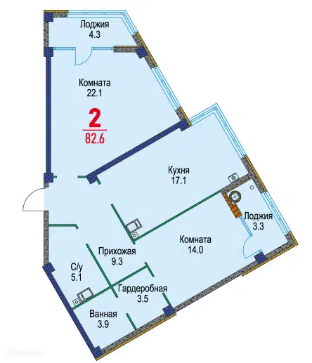 Планировка: 2-комн. квартира 82.60 м² в новостройке Красный Металлист