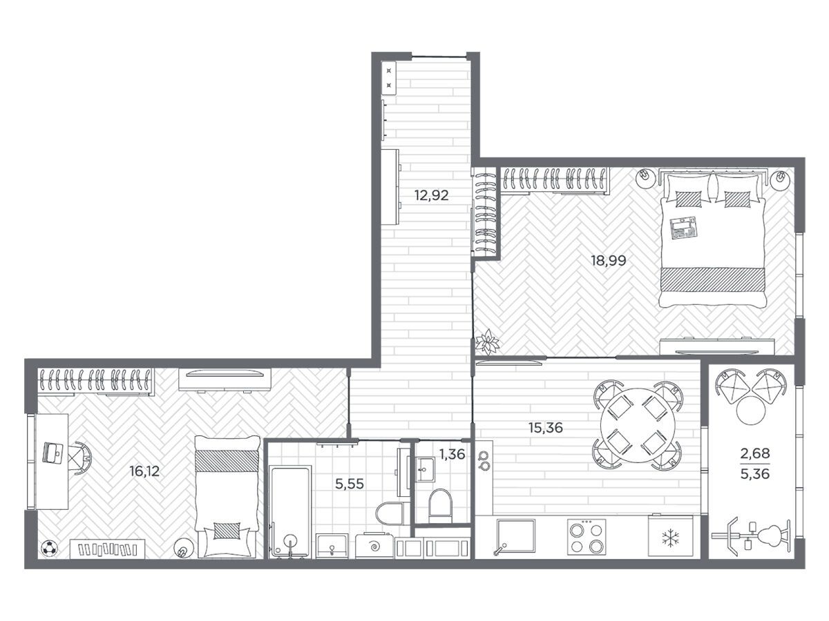 Планировка: 2-комн. квартира 72.90 м² в новостройке Бакунина 33