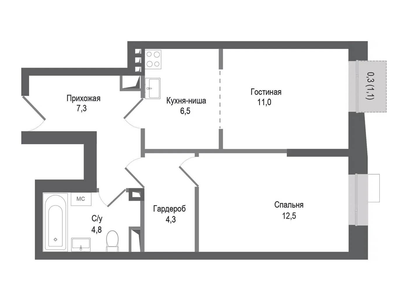 Планировка: 2-комн. квартира 46.40 м² в новостройке Киноквартал