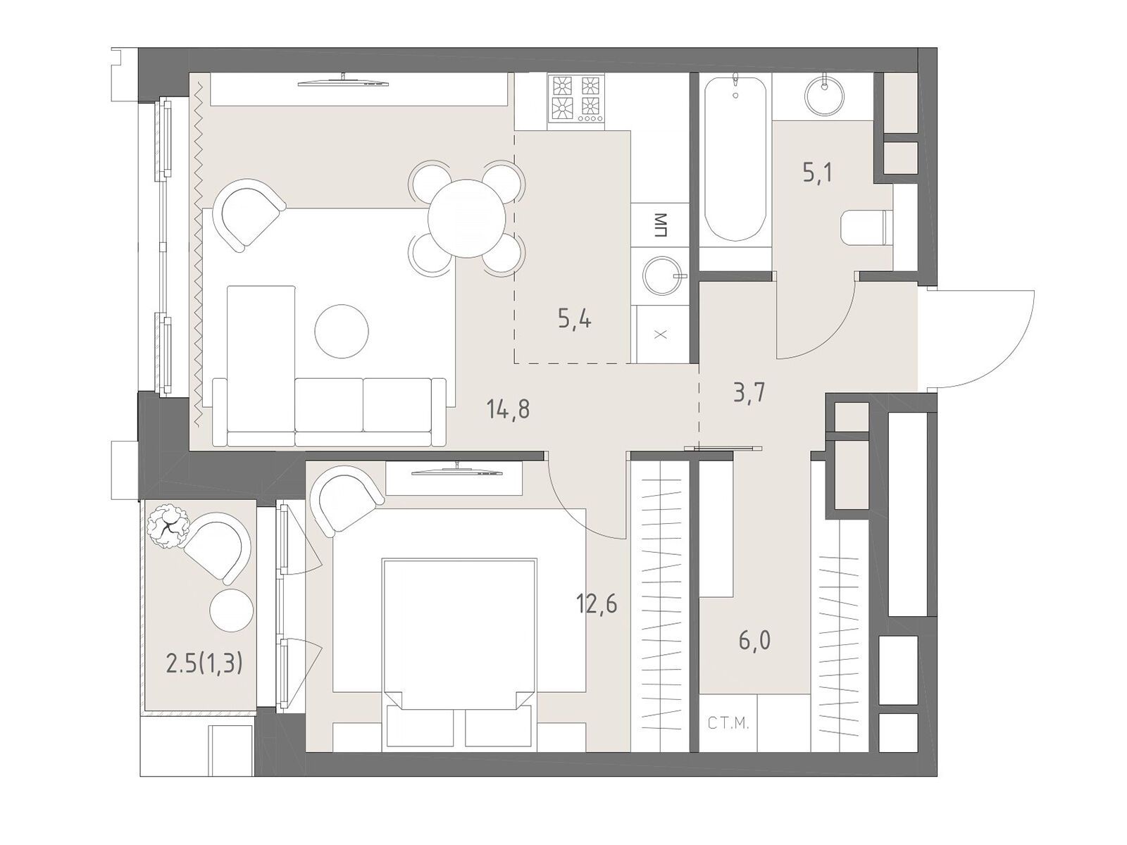 Планировка: 2-комн. квартира 48.90 м² в новостройке Родина Парк