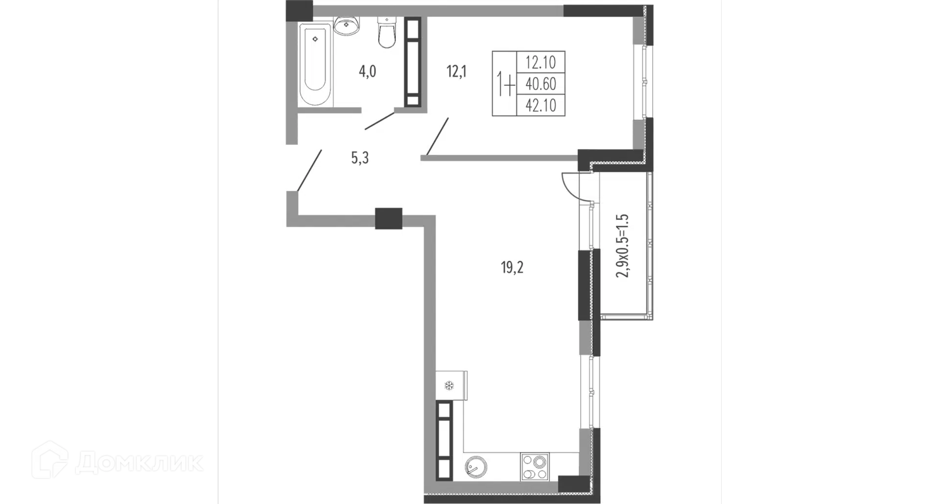 Планировка: 1-комн. квартира 43.35 м² в новостройке Екатерининский парк