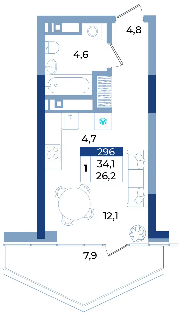 Планировка: 1-комн. квартира 34.10 м² в новостройке Комплекс апартаментов Эфириум