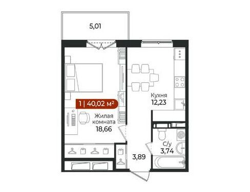 Планировка: 1-комн. квартира 37.90 м² в новостройке Арт Парк