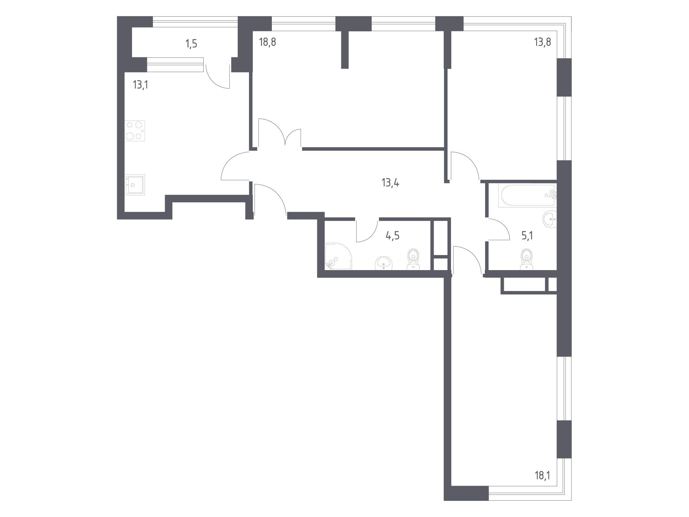 Планировка: 3-комн. квартира 88.50 м² в новостройке Вереск
