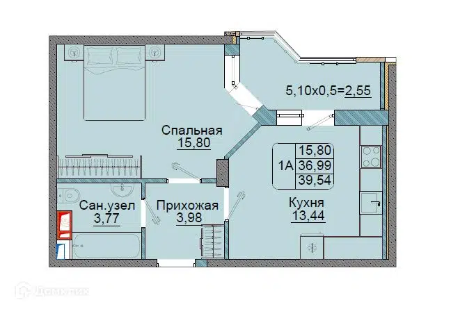 Планировка: 1-комн. квартира 39.54 м² в новостройке Репин-Парк