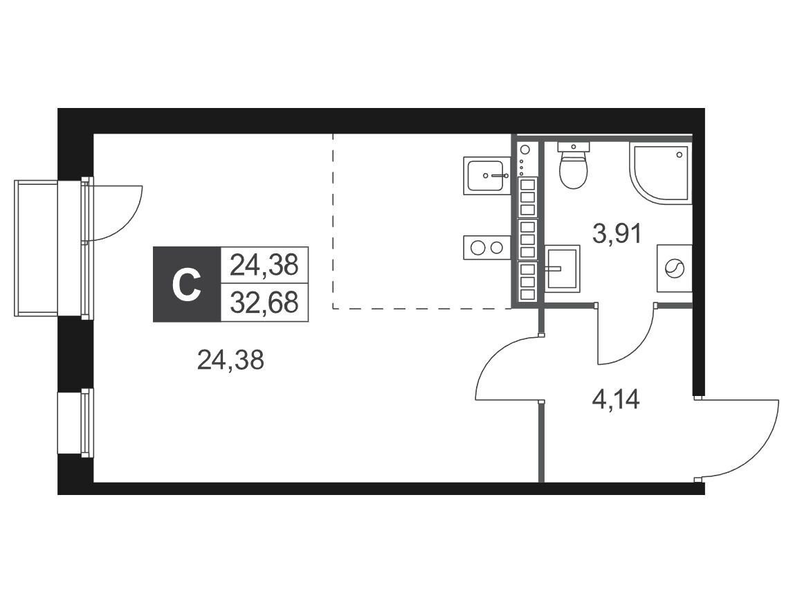Планировка: Студия 32.68 м² в новостройке Слобода