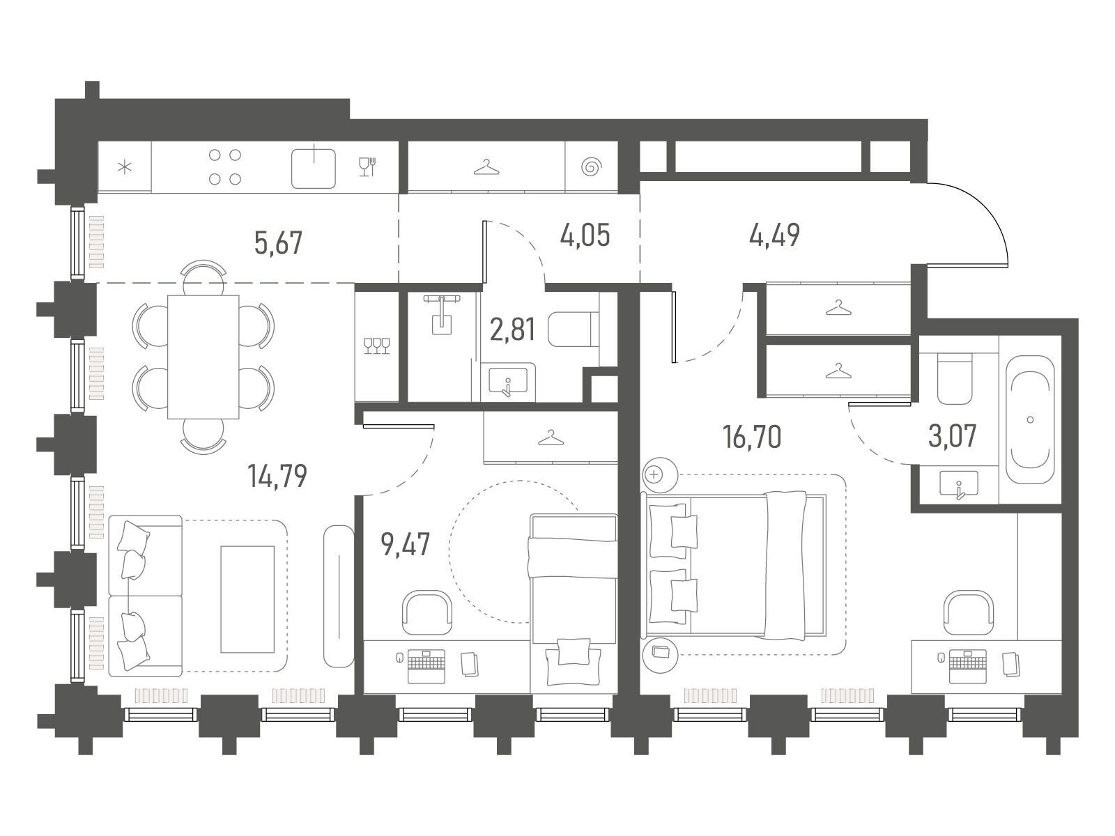 Планировка: 2-комн. квартира 61.05 м² в новостройке Индиво