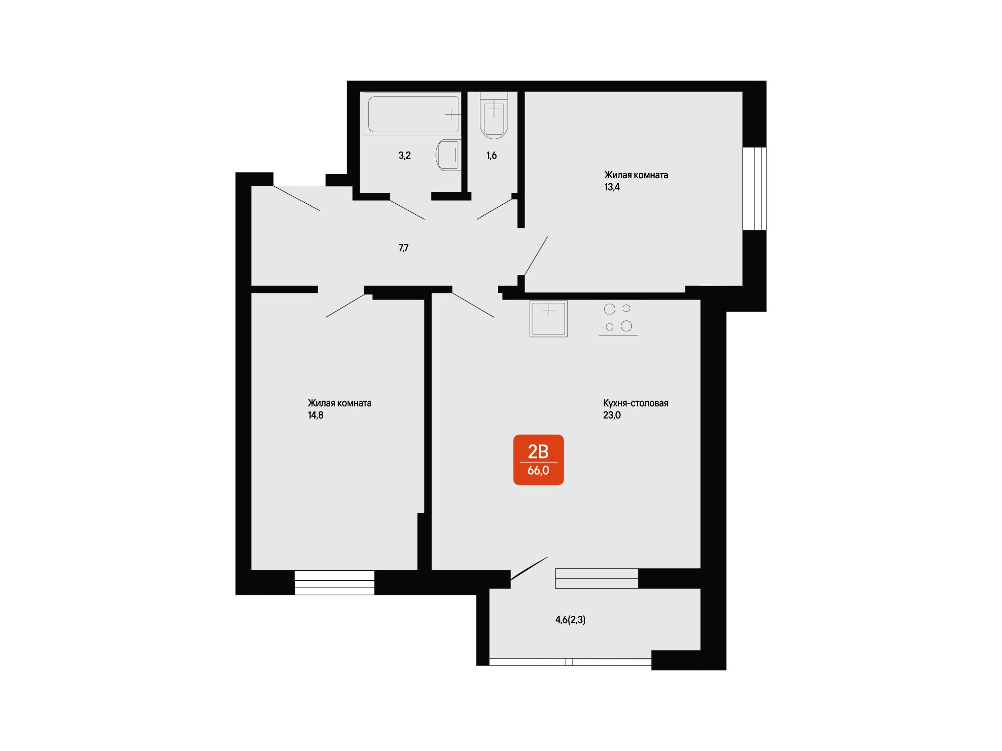 Планировка: 2-комн. квартира 66.00 м² в новостройке Подлипки-Город