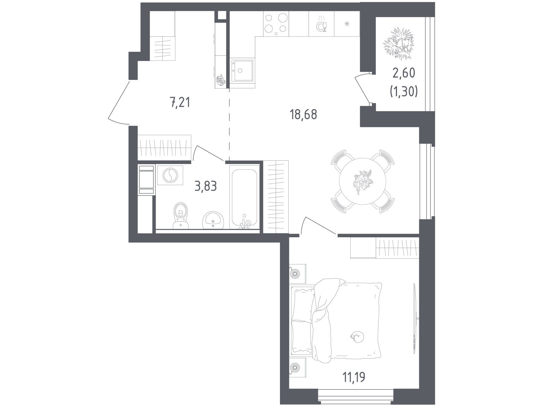 Планировка: 1-комн. квартира 42.21 м² в новостройке Южная Нева