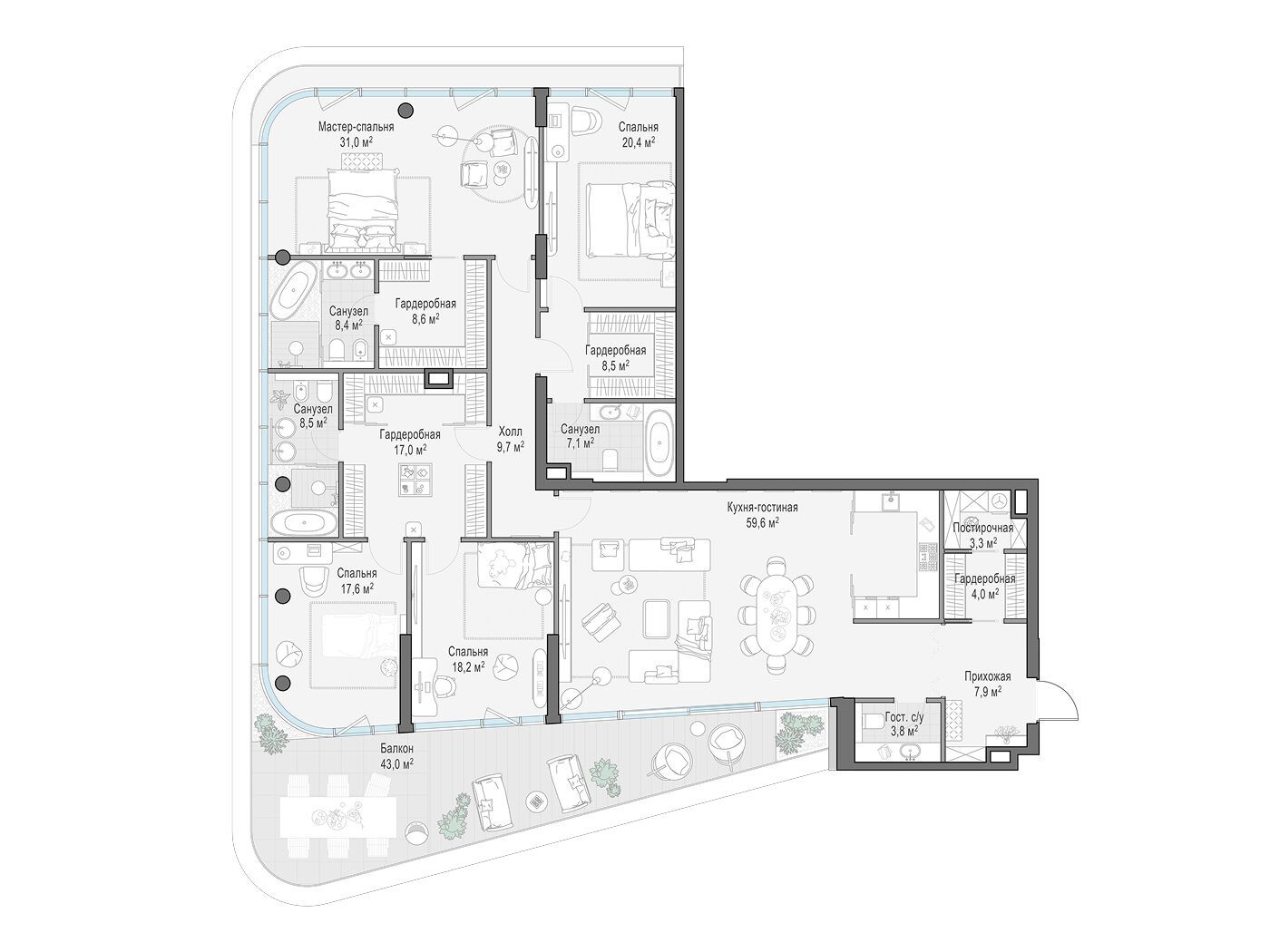 Планировка: 4-комн. квартира 253.70 м² в новостройке Палашёвский 11