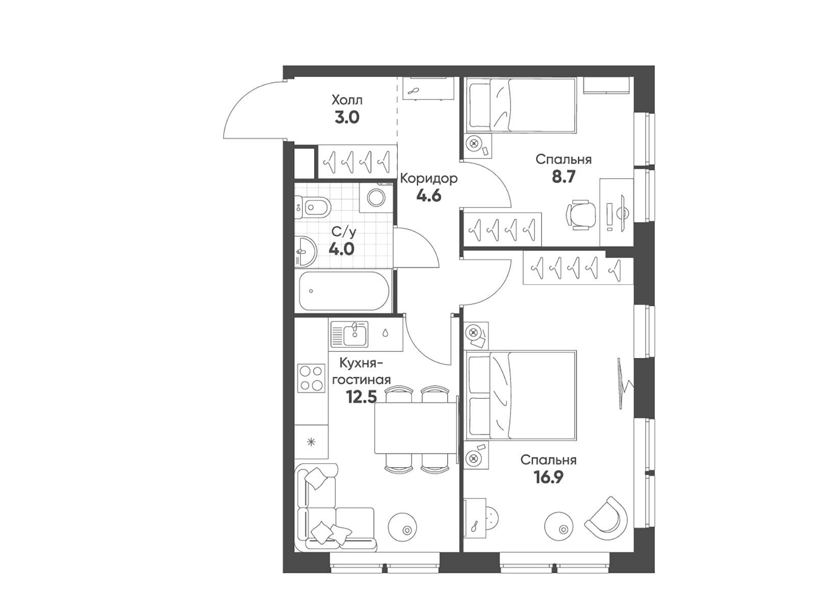 Планировка: 2-комн. квартира 49.70 м² в новостройке Соколин парк