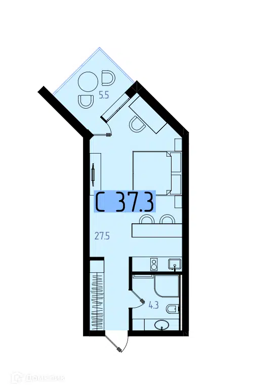 Планировка: Студия 37.30 м² в новостройке Оазис Азова