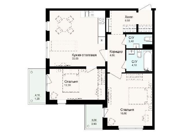 Планировка: 3-комн. квартира 70.90 м² в новостройке Новая Дубровка