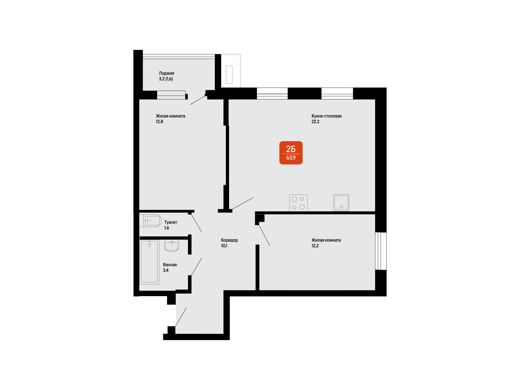 Планировка: 2-комн. квартира 63.90 м² в новостройке Подлипки-Город