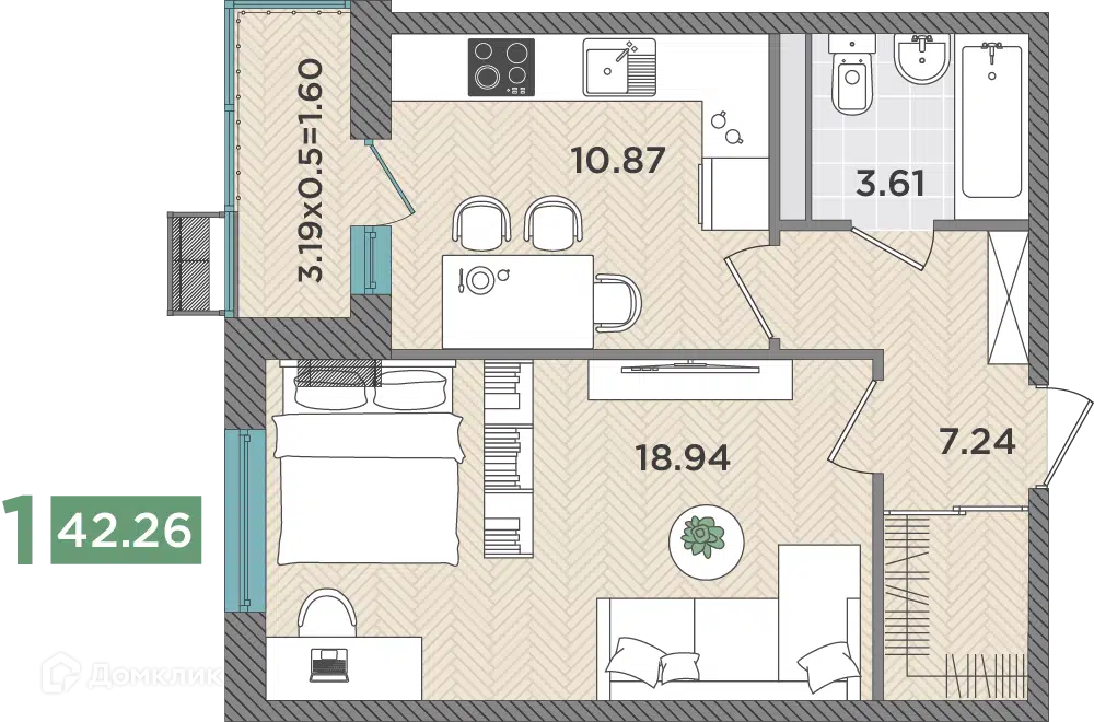 Планировка: 1-комн. квартира 42.26 м² в новостройке Сады у моря