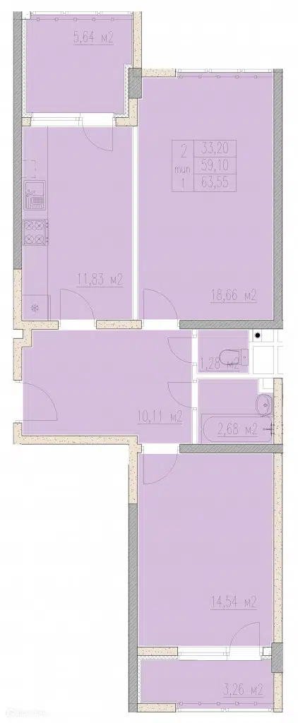 Планировка: 2-комн. квартира 63.55 м² в новостройке Агой-парк