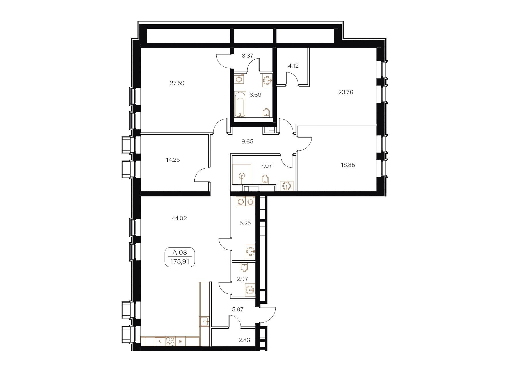 Планировка: 4-комн. квартира 175.91 м² в новостройке Золотой квартал Картьер д’Ор