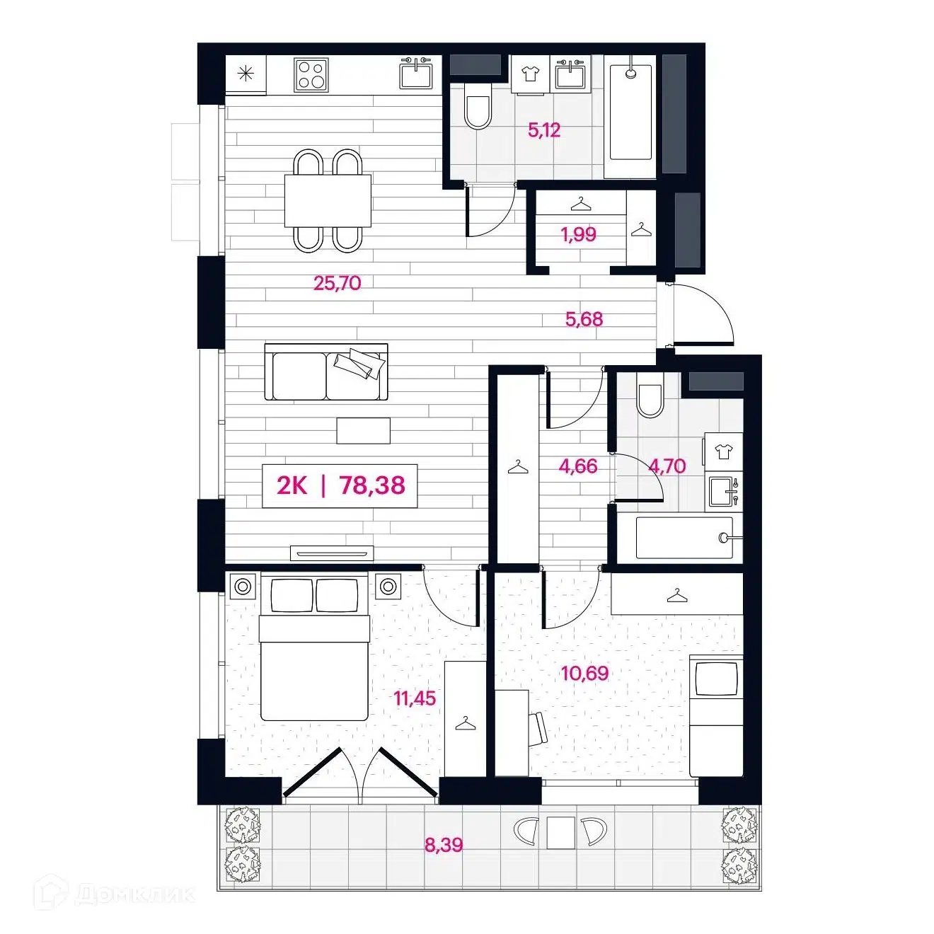 Планировка: 2-комн. квартира 78.59 м² в новостройке Пушкина
