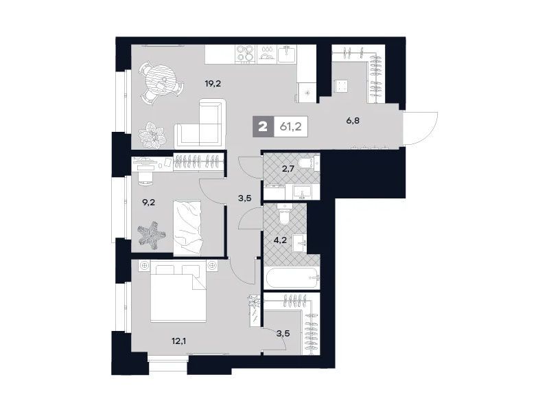 Планировка: 2-комн. квартира 61.20 м² в новостройке ЖК Юту
