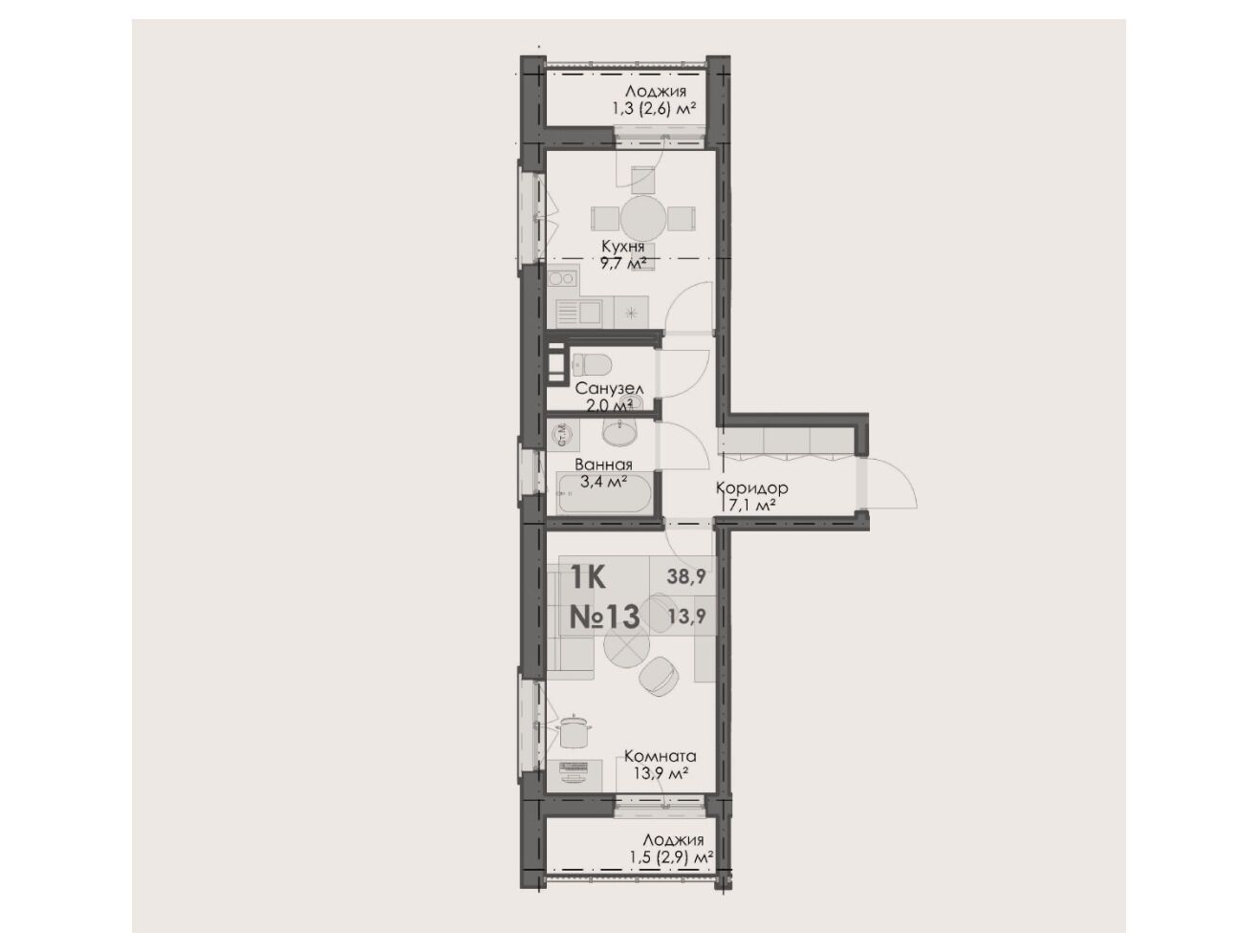Планировка: 1-комн. квартира 38.90 м² в новостройке На Большом Смоленском