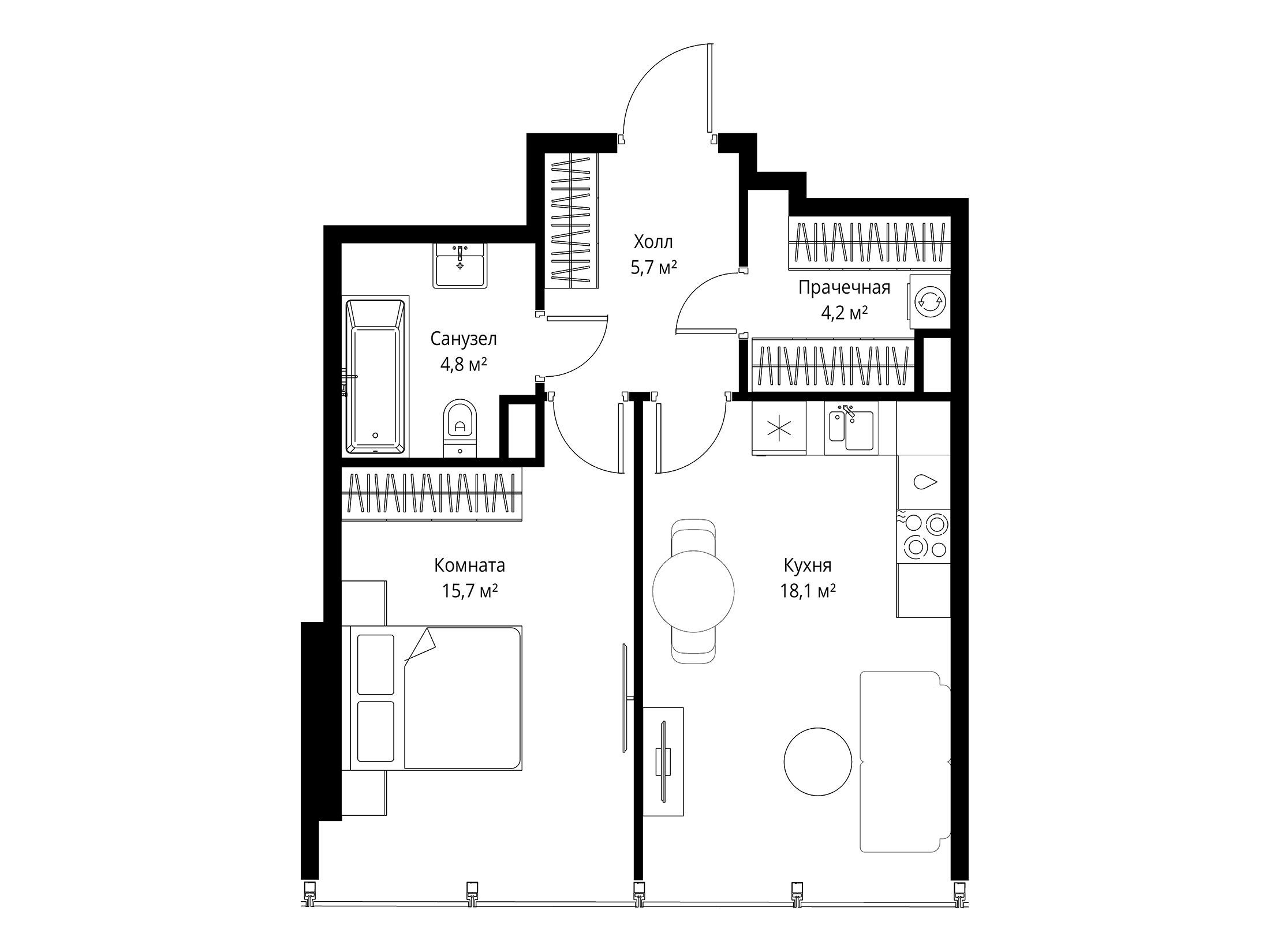 Планировка: 1-комн. квартира 48.50 м² в новостройке Оне