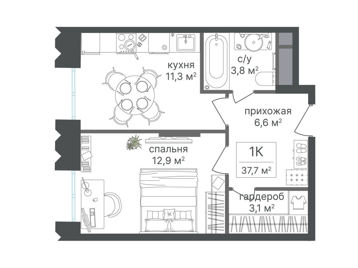 Планировка: 1-комн. квартира 37.70 м² в новостройке Варшавские ворота