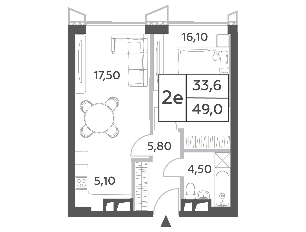 Планировка: 2-комн. квартира 49.00 м² в новостройке Вилл Тауэрс