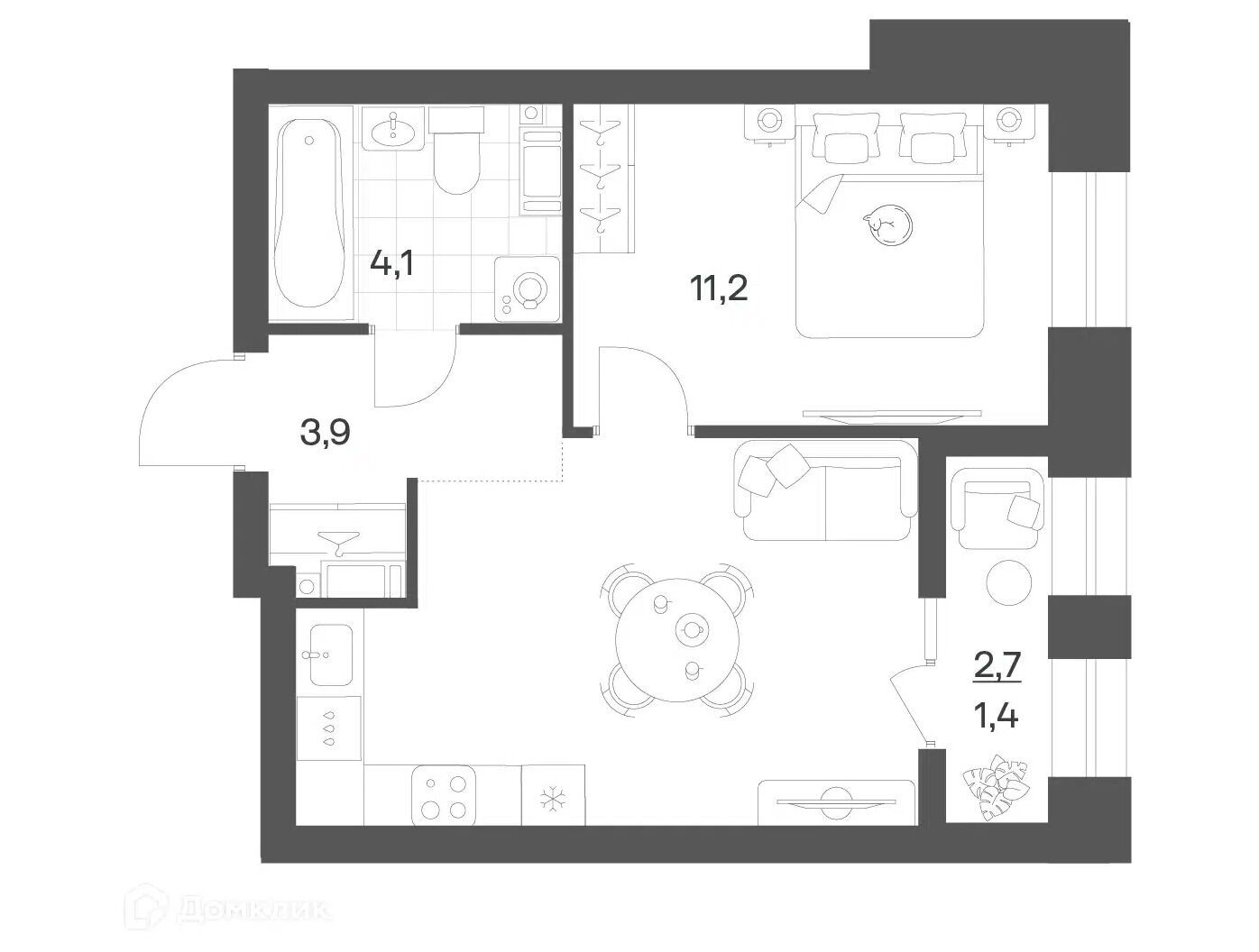 Планировка: 1-комн. квартира 36.31 м² в новостройке Ньюпитер
