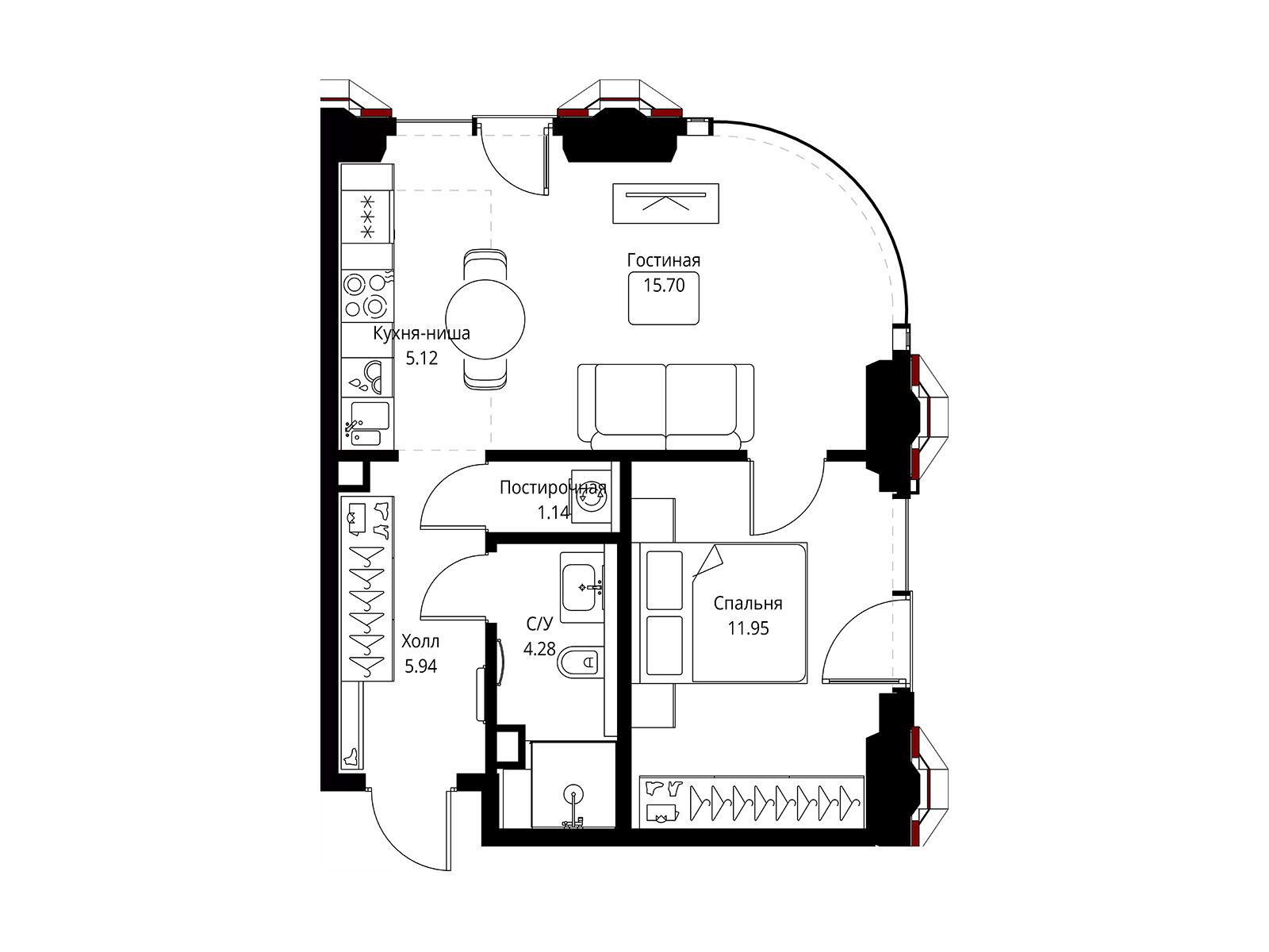 Планировка: 1-комн. квартира 44.13 м² в новостройке Сет