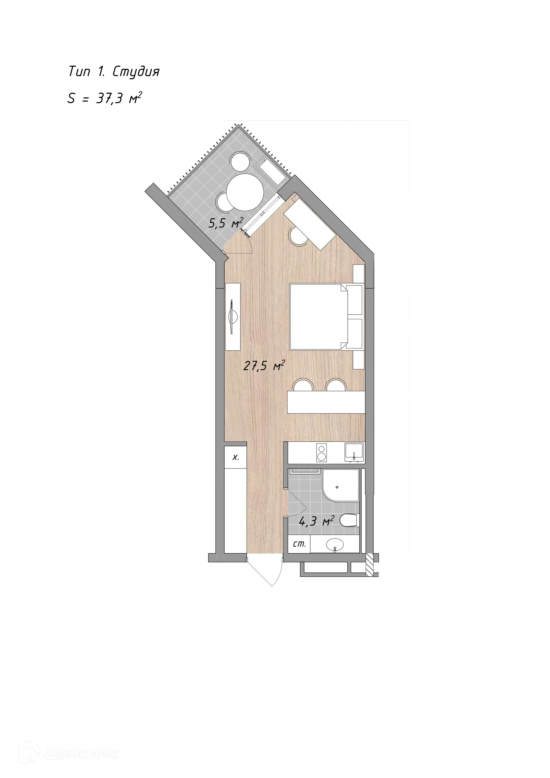Планировка: Студия 37.30 м² в новостройке Оазис Азова
