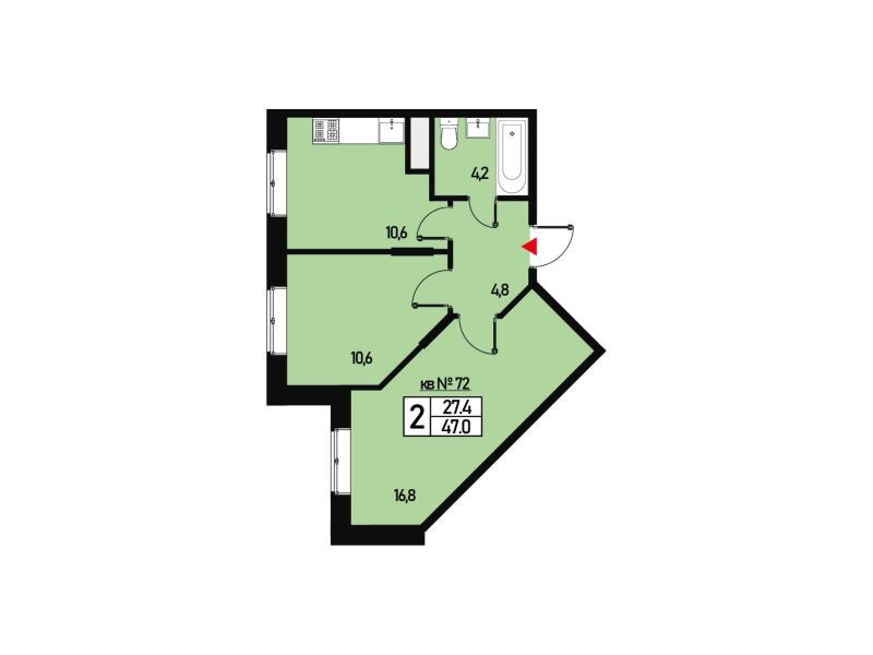 Планировка: 2-комн. квартира 47.00 м² в новостройке Борисоглебское
