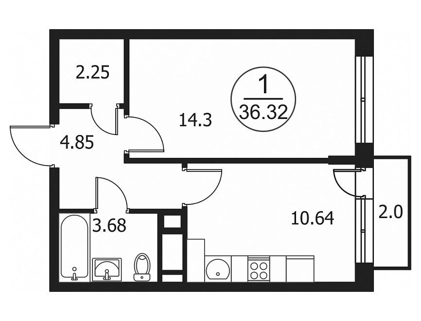 Планировка: 1-комн. квартира 36.32 м² в новостройке Катуар
