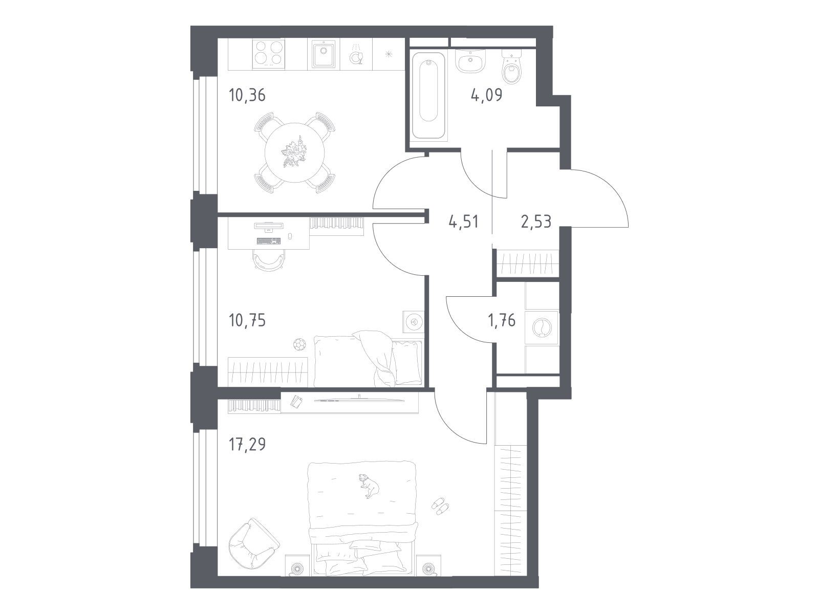 Планировка: 2-комн. квартира 51.29 м² в новостройке Космический квартал